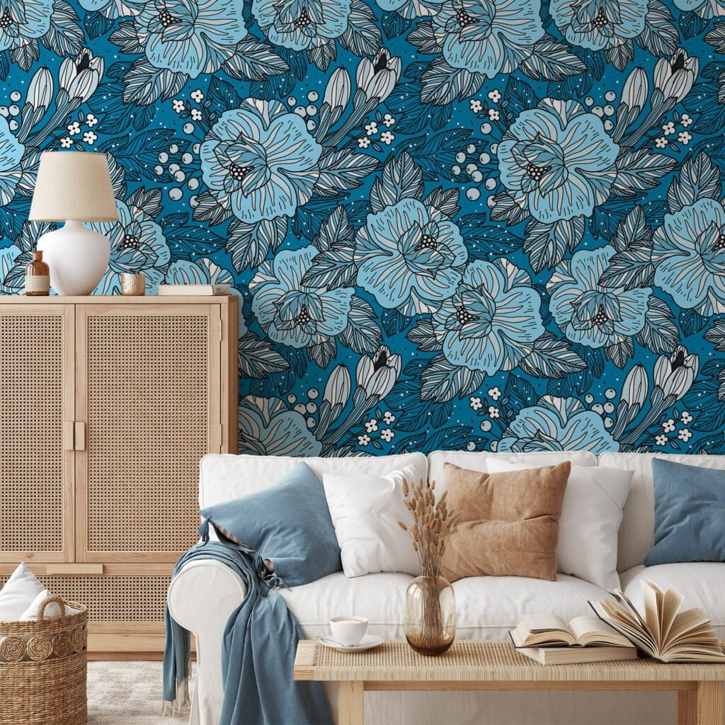 Blue Colored Outlined Floral Wallpaper Pattern, Blue Blossom Design Peel & Stick Wall Mural