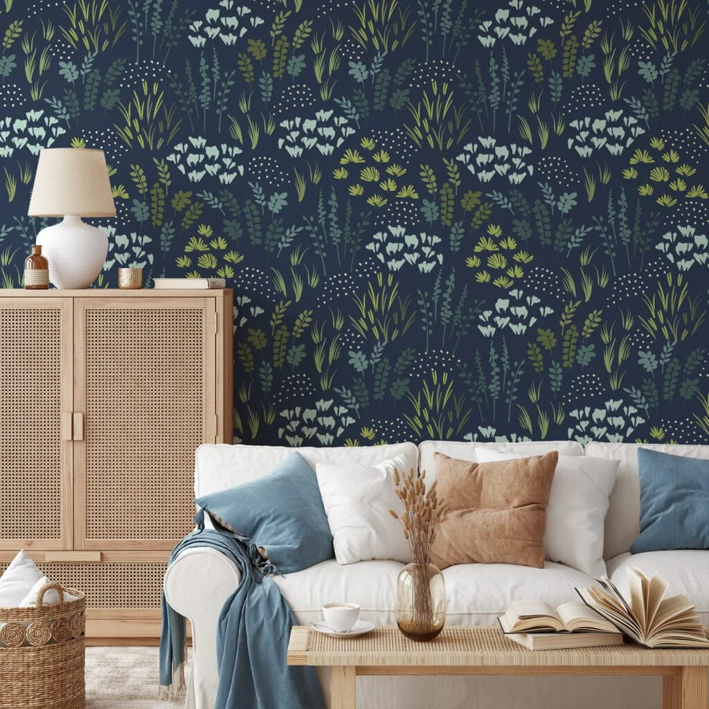 Dark Blue Flat Art Flowers And Leaves Illustration Wallpaper, Vintage Floral Elegant Peel & Stick Wall Mural