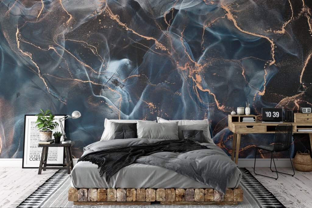 Negative Photo Effect Black And Blue Alcohol Ink Art Marble Wallpaper, Midnight Majesty Design Peel & Stick Wall Mural
