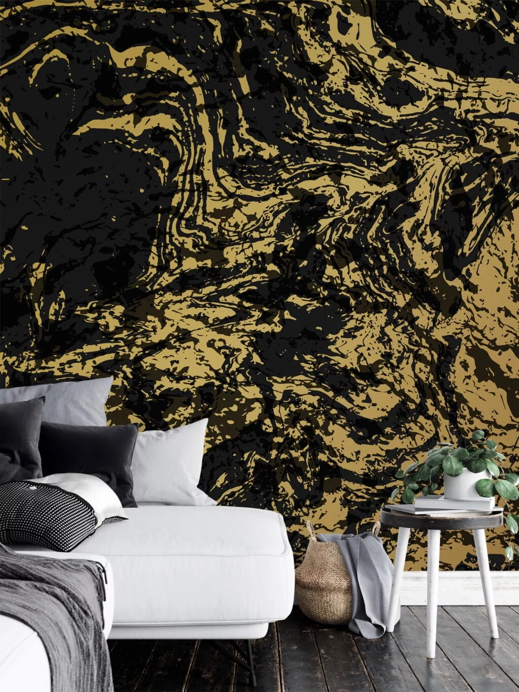 Black And Gold Abstract Design Illustration Wallpaper, Marble Swirl Peel & Stick Wall Mural