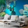 Large Parrot and Monstera Leaves With Blue Background Wallpaper, Vibrant & Tropical Peel & Stick Wall Mural