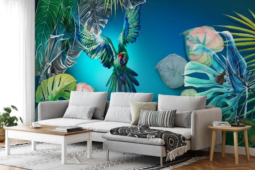 Large Parrot and Monstera Leaves With Blue Background Wallpaper, Vibrant & Tropical Peel & Stick Wall Mural