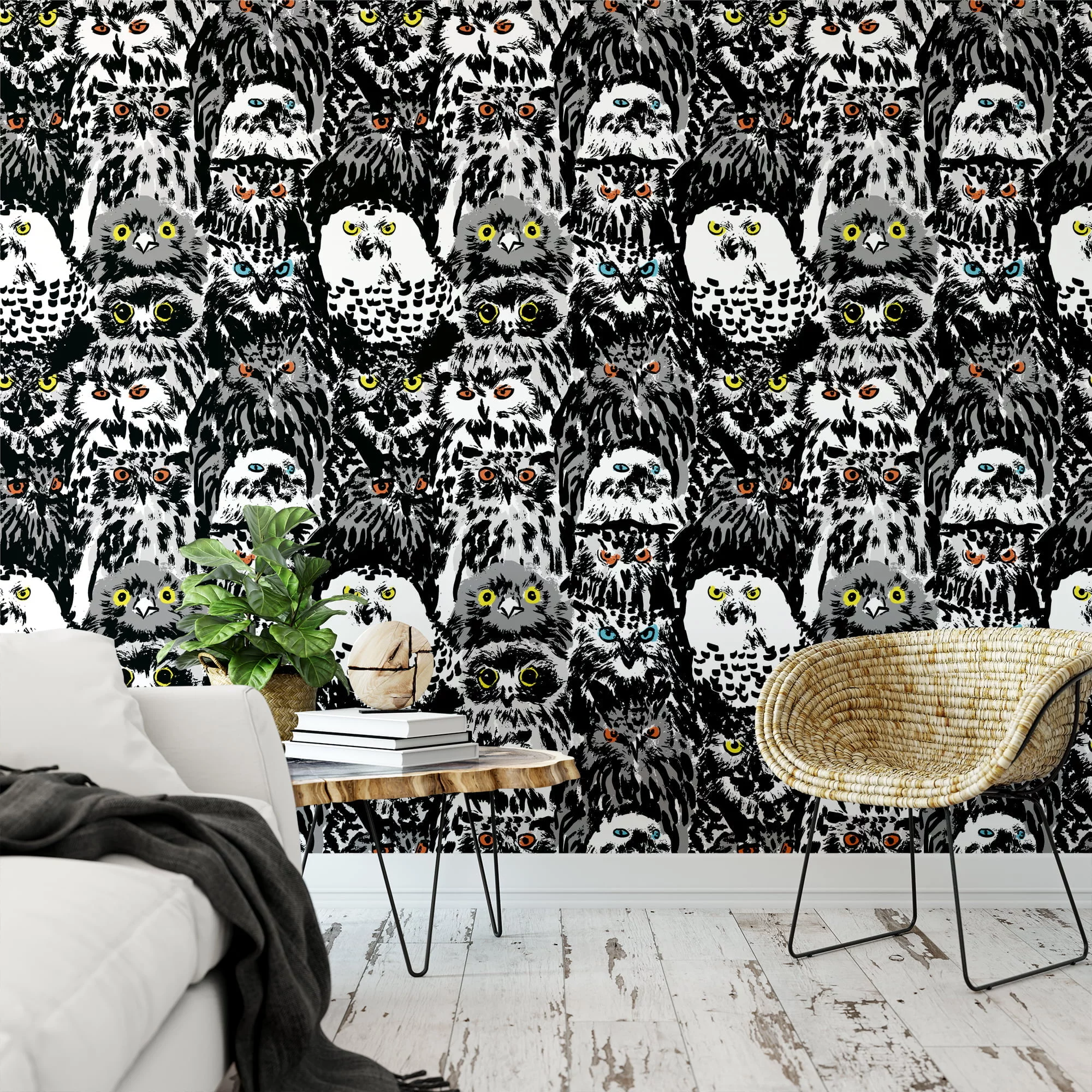 Abstract Grudge Owl Birds Pattern Illustration Wallpaper, Monochrome Bird Art Peel & Stick Wall Mural