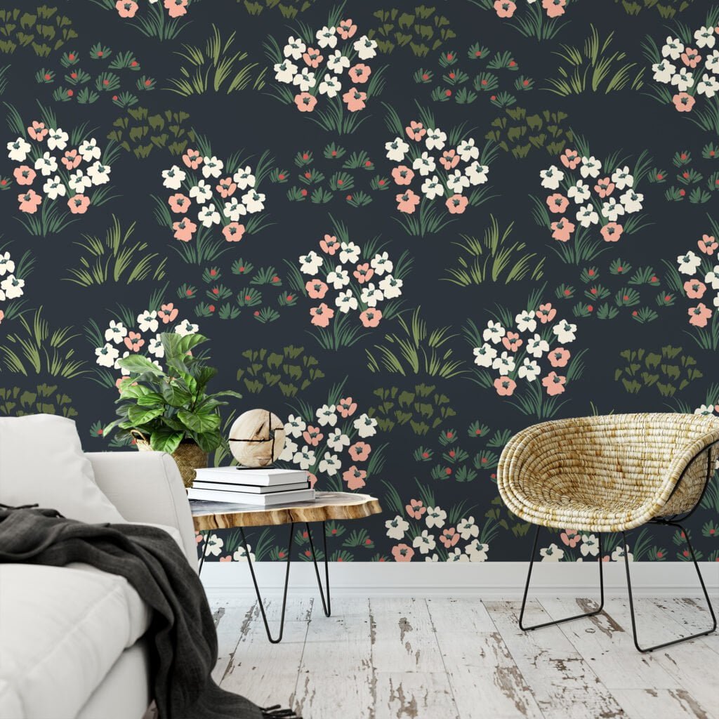 Flat Art Flower Bouquets With A Dark Background Illustration Wallpaper, Midnight Meadow Florals Peel & Stick Wall Mural