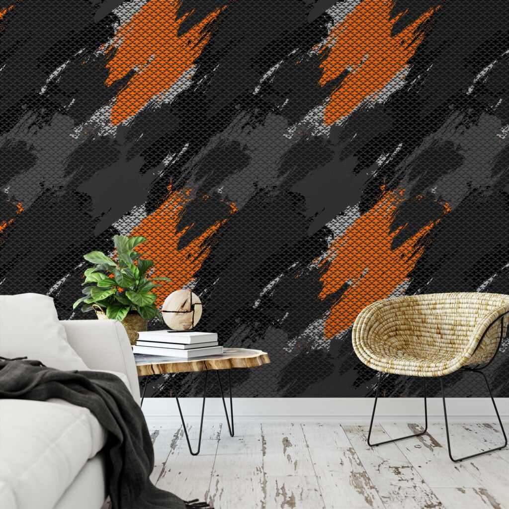 Orange And Grey Geometric Abstract Design Wallpaper, Dynamic Orange Streaks On Black Peel & Stick Wall Mural