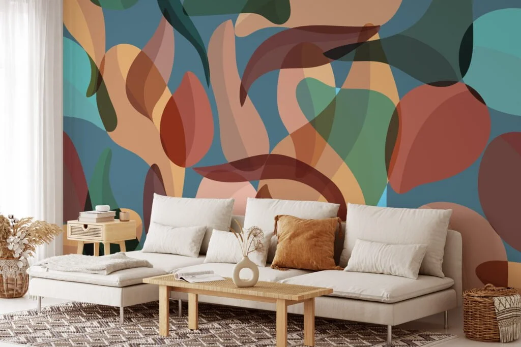 Abstract Colorful Modern Leaves Wallpaper, Modern Organic Shapes Peel & Stick Wall Mural