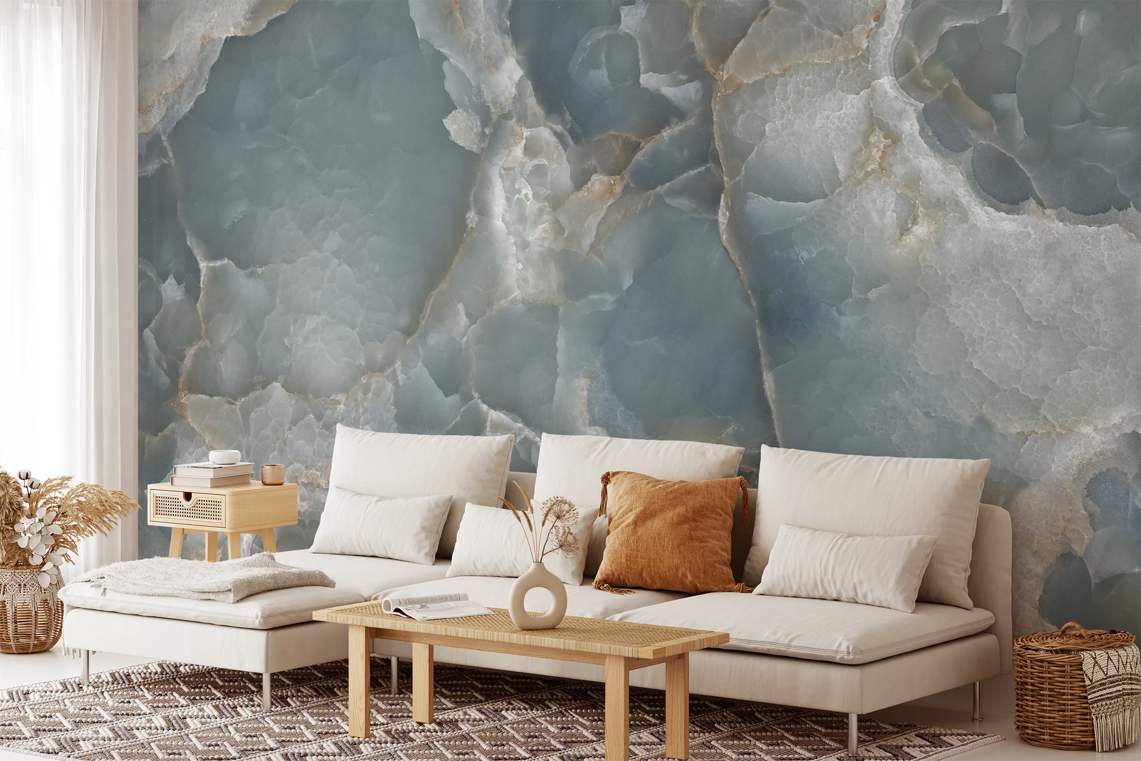 Muted Teal Blue Marble Stone Texture Wallpaper, Cool Tranquil Blue Peel & Stick Wall Mural
