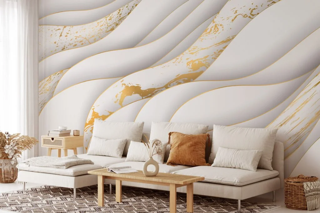 Abstract Three Dimensional Paper Effect Light Wallpaper, Elegant White and Gold Marble Peel & Stick Wall Mural