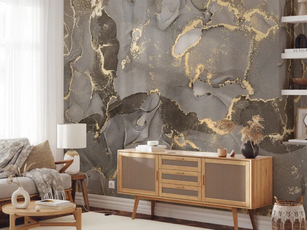 Sand Beige And Yellow Alcohol Ink Art Marble Wallpaper, Sophisticated Dark Beige Peel & Stick Wall Mural