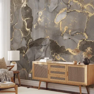 Sand Beige And Yellow Alcohol Ink Art Marble Wallpaper, Sophisticated Dark Beige Peel & Stick Wall Mural