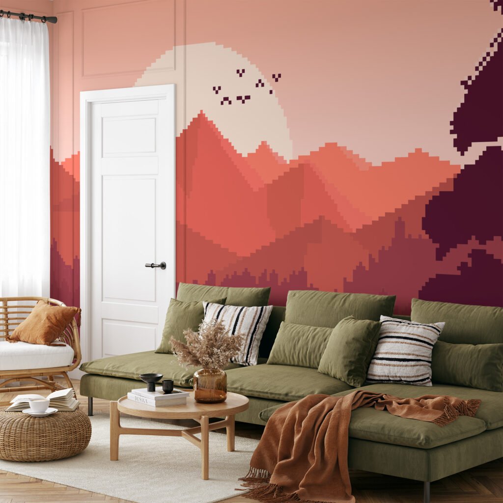 Pixel Art Sunset And Mountains Wallpaper With Birds, Pixel Sunset Mountain Peel & Stick Wall Mural