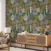 Boho Leaf Shapes Pattern Illustration Wallpaper, Botanical Abstract Fusion Peel & Stick Wall Mural