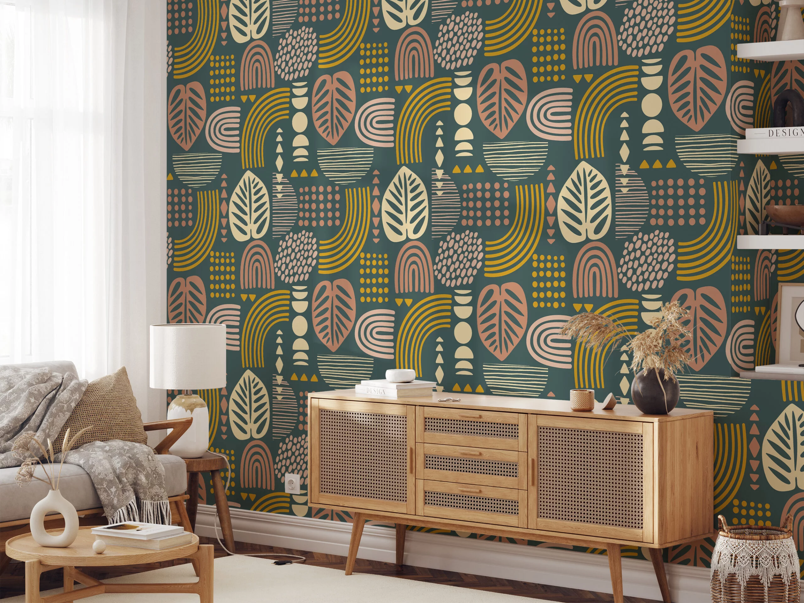 Boho Leaf Shapes Pattern Illustration Wallpaper, Botanical Abstract Fusion Peel & Stick Wall Mural