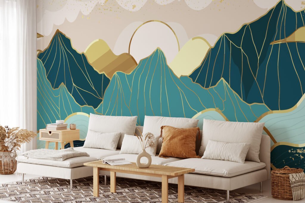 Modern Abstract Mountains Wallpaper With A Minimalistic Sunset, Stylized Landscape Peel & Stick Wall Mural