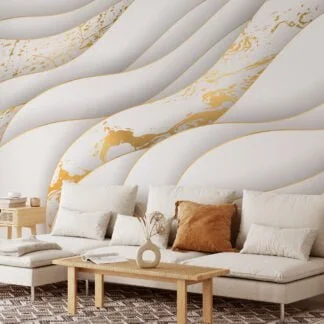Abstract Three Dimensional Paper Effect Light Wallpaper, Elegant White and Gold Marble Peel & Stick Wall Mural