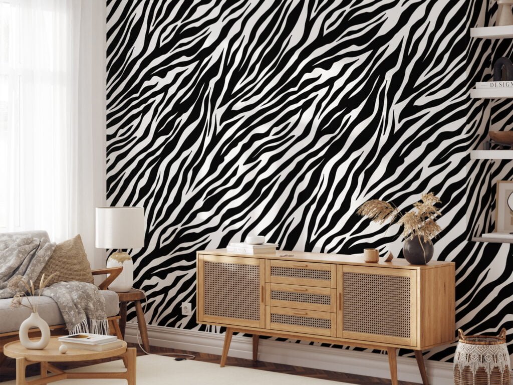Zebra Skin Print Pattern Illustration Wallpaper, Classic Black & White Stripe Design Peel & Stick Wall Mural