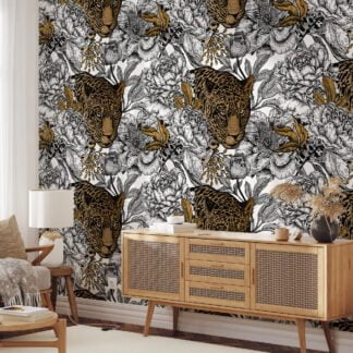 Floral Line Art With A Large Tiger Illustration Wallpaper, Monochrome Leopard & Floral Print Peel & Stick Wall Mural