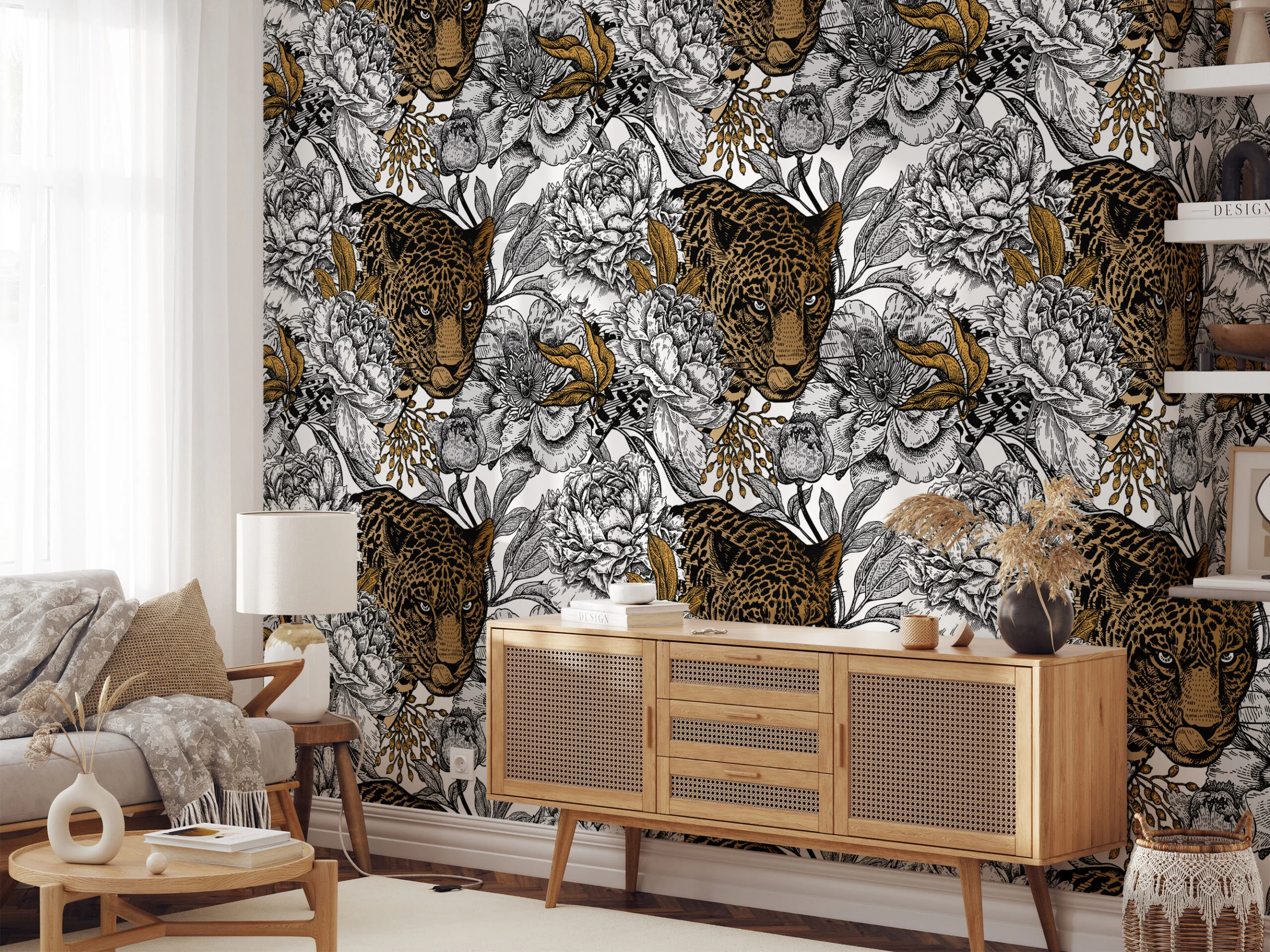 Floral Line Art With A Large Tiger Illustration Wallpaper, Monochrome Leopard & Floral Print Peel & Stick Wall Mural