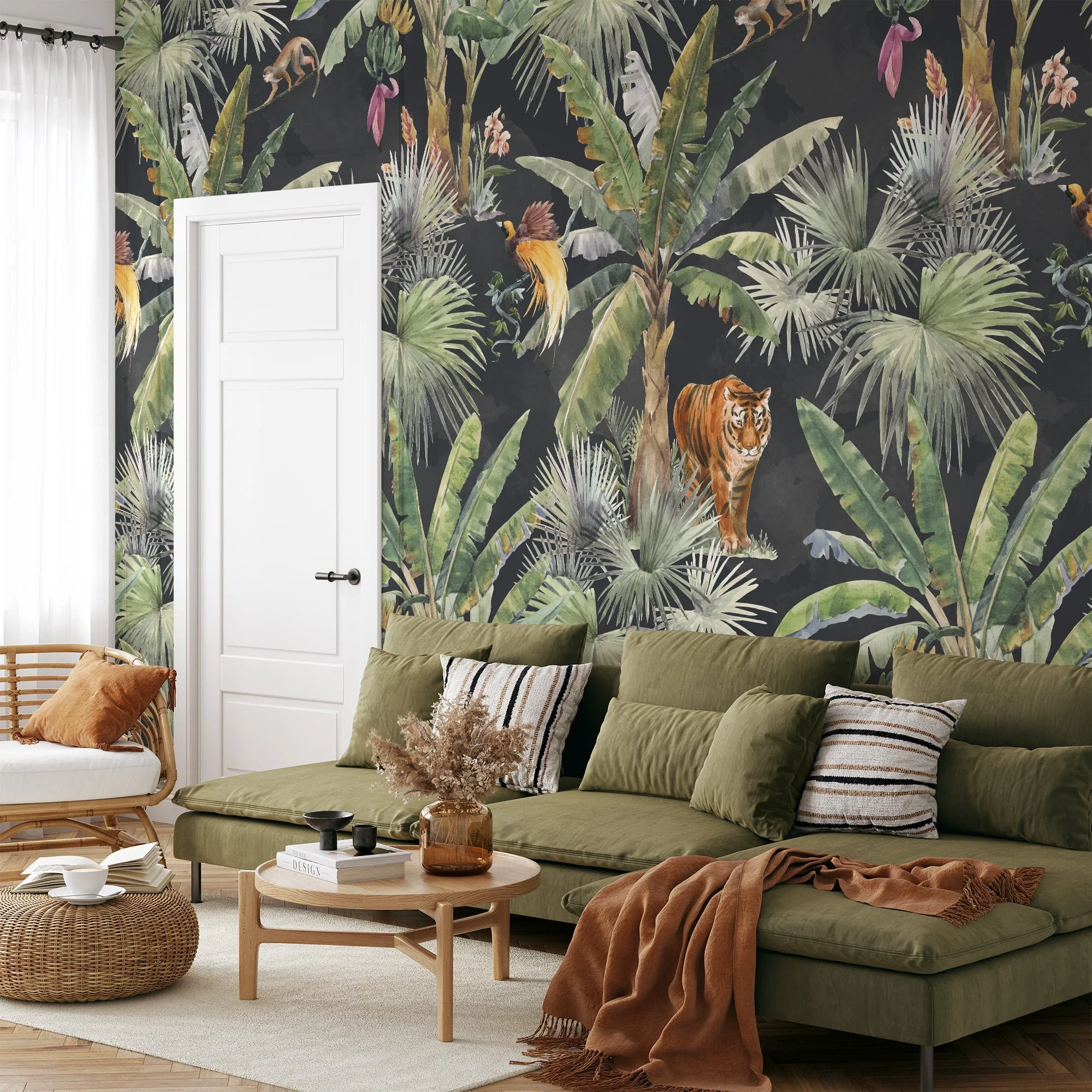 Watercolor Style Tropical Wallpaper With Exotic Animals And A Dark Background, Lush Dark Jungle Peel & Stick Wall Mural