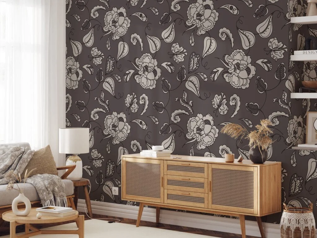 Abstract Paisley Vintage Style Wallpaper, Elegant Monochrome Floral Peel & Stick Wall Mural