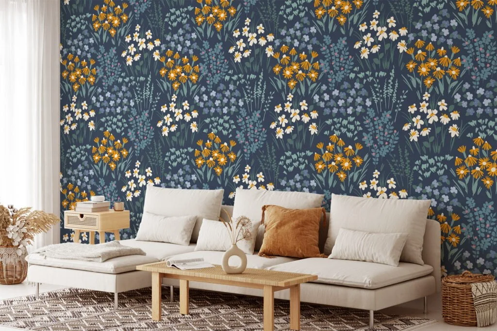 Navy Blue Flat Art Flowers And Bouquets Illustration Wallpaper, Midnight Blossom Array Peel & Stick Wall Mural