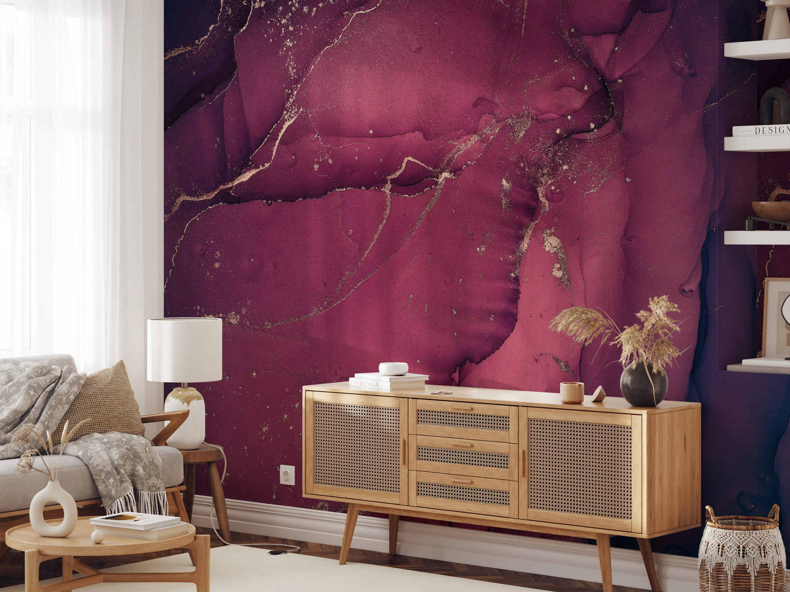 Dark Purple With Fuchsia Marble Ink Art Wallpaper, Majestic Burgundy Marble Peel & Stick Wall Mural