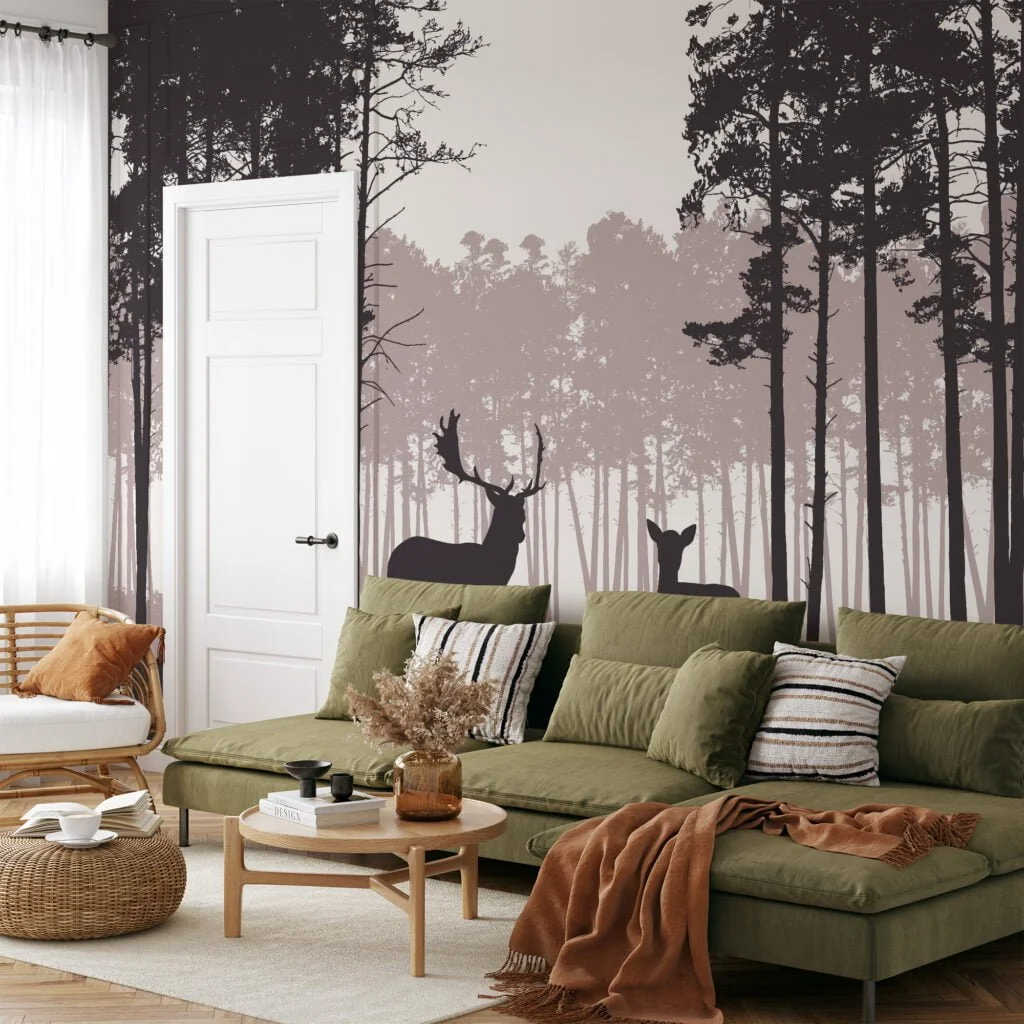 Abstract Nature Wallpaper With Trees and Deers Silhouette, Tranquil Nature Scene Peel & Stick Wall Mural