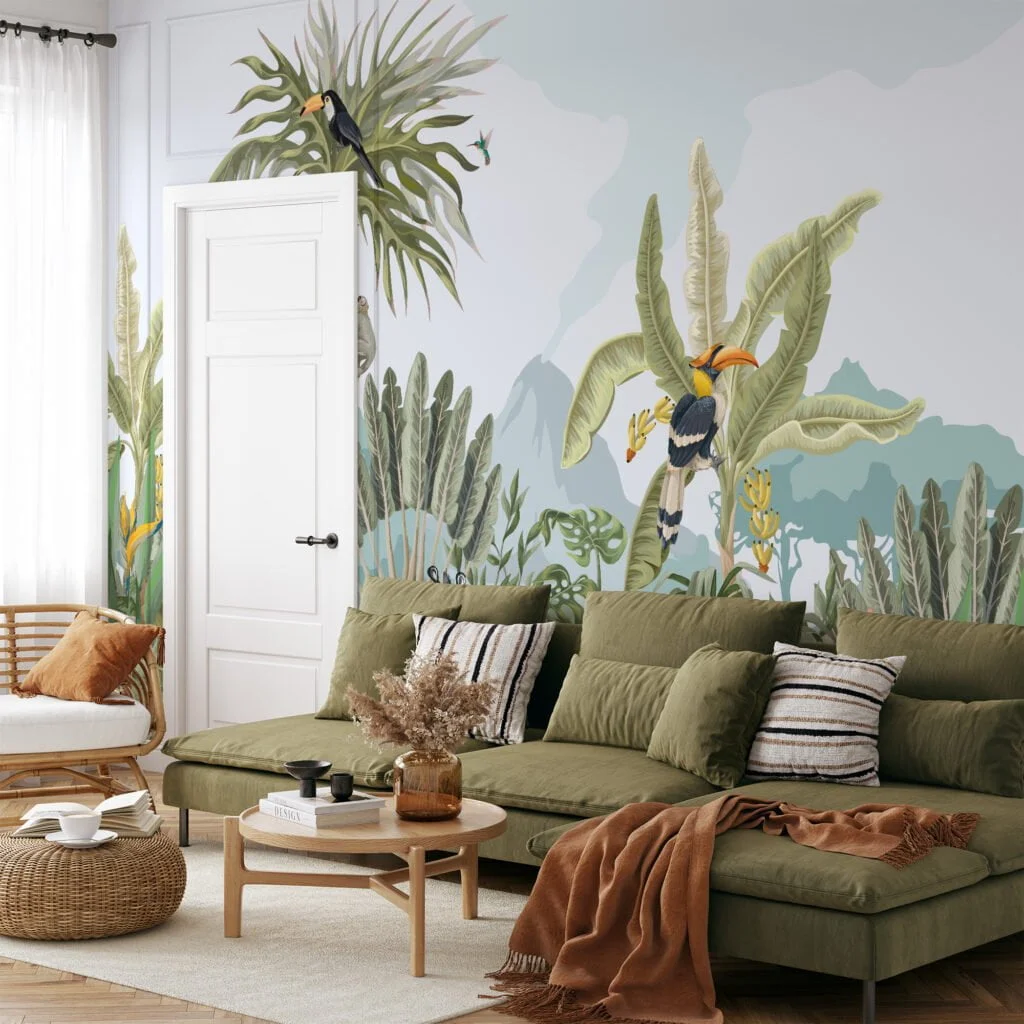 Jungle Illustration With Animals And Large Leaves Wallpaper, Tropical Rainforest Peel & Stick Wall Mural