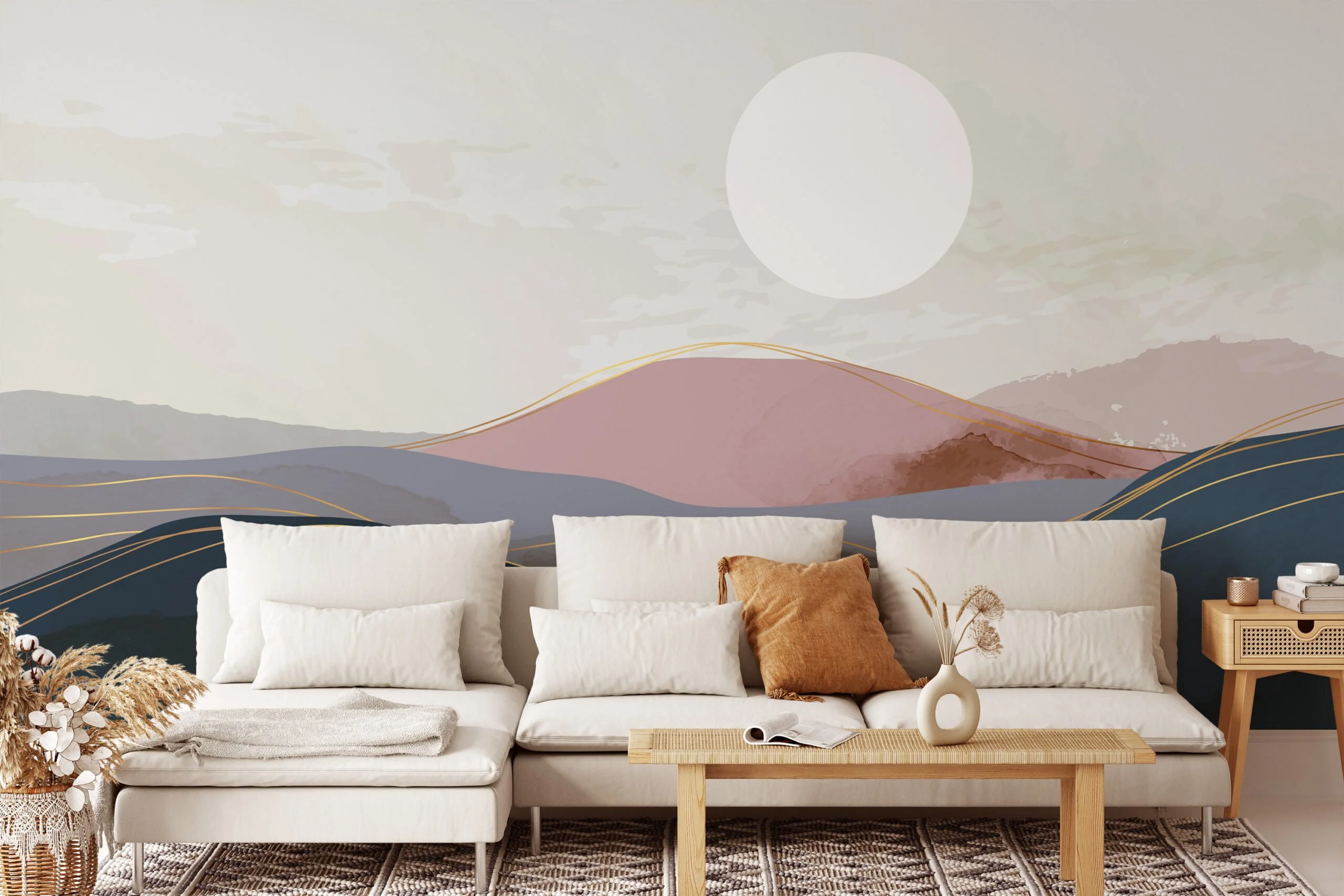 Abstract Minimalistic Desert Illustration Wallpaper, Sunrise Mountains Peel & Stick Wall Mural