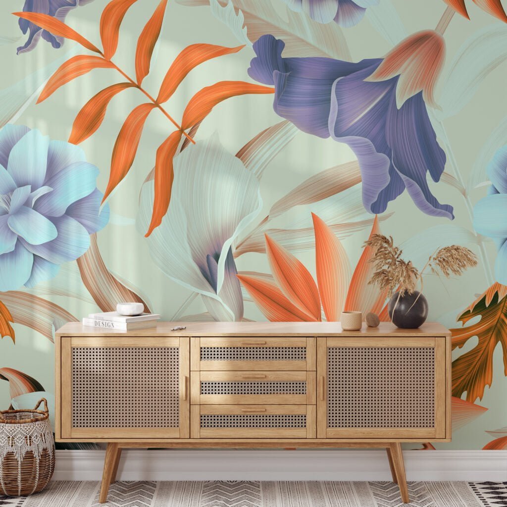 Blooming Beige And Purple Flowers With Orange Leaves Wallpaper, Abstract Blossoms Peel & Stick Wall Mural