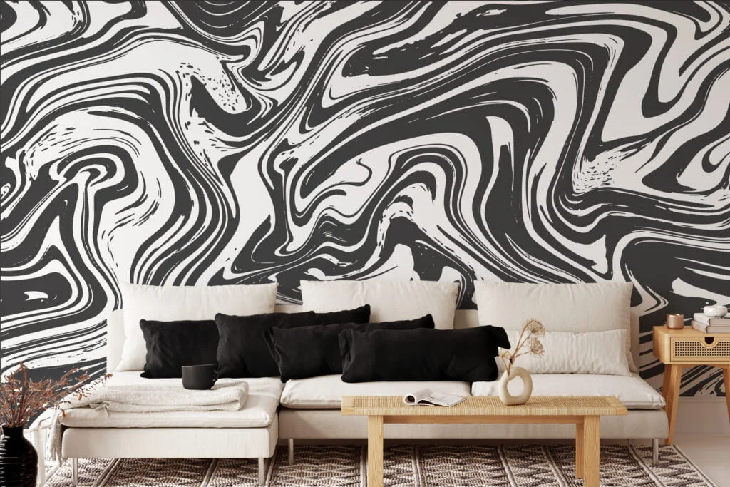 Dark Grey And White Swirl Design Wallpaper, Monochrome Marble Swirl Peel & Stick Wall Mural