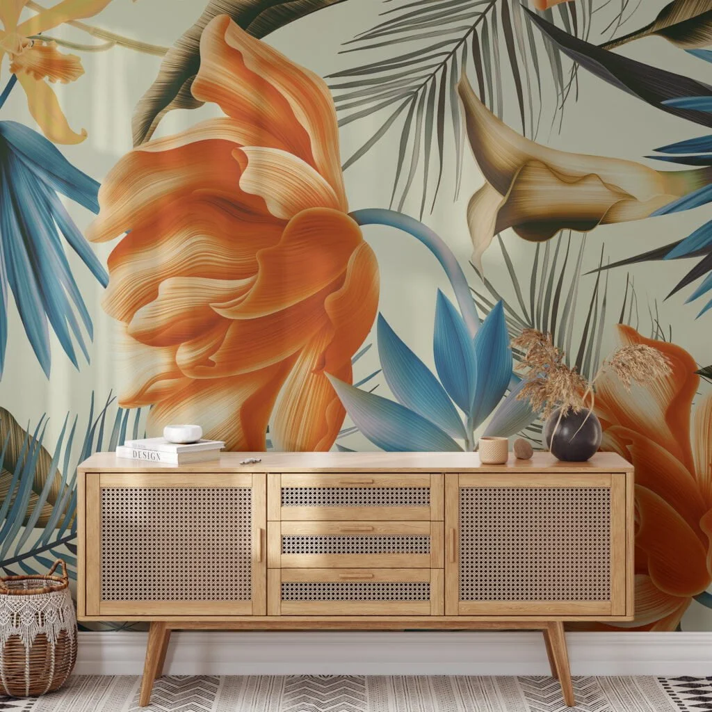 Large Tropical Orange Flowers With Blue Leaves Wallpaper, Vibrant Botanical Elegant Peel & Stick Wall Mural