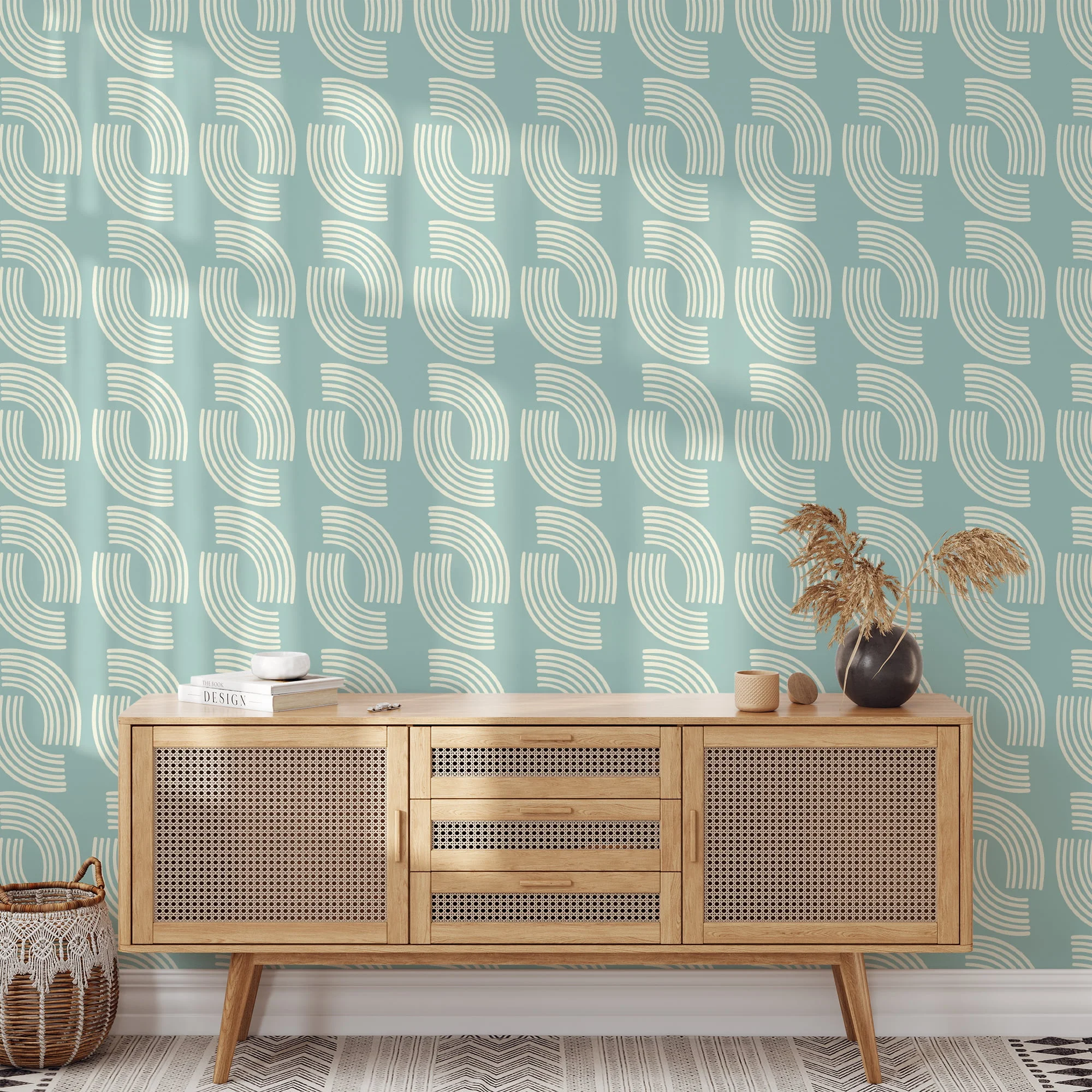Pastel Mint Colored Minimalist Illustration, Chic Contemporary Line Art Peel & Stick Wall Mural