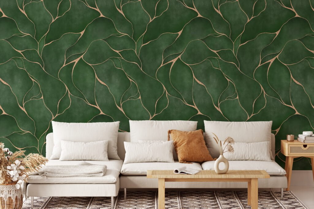 Abstract Green Leaves With Gold Lines Wallpaper, Luxury Emerald Peel & Stick Wall Mural