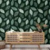 Dark Green Leaves With White Outlines Illustration Wallpaper, Serene Green Leaf Design Peel & Stick Wall Mural