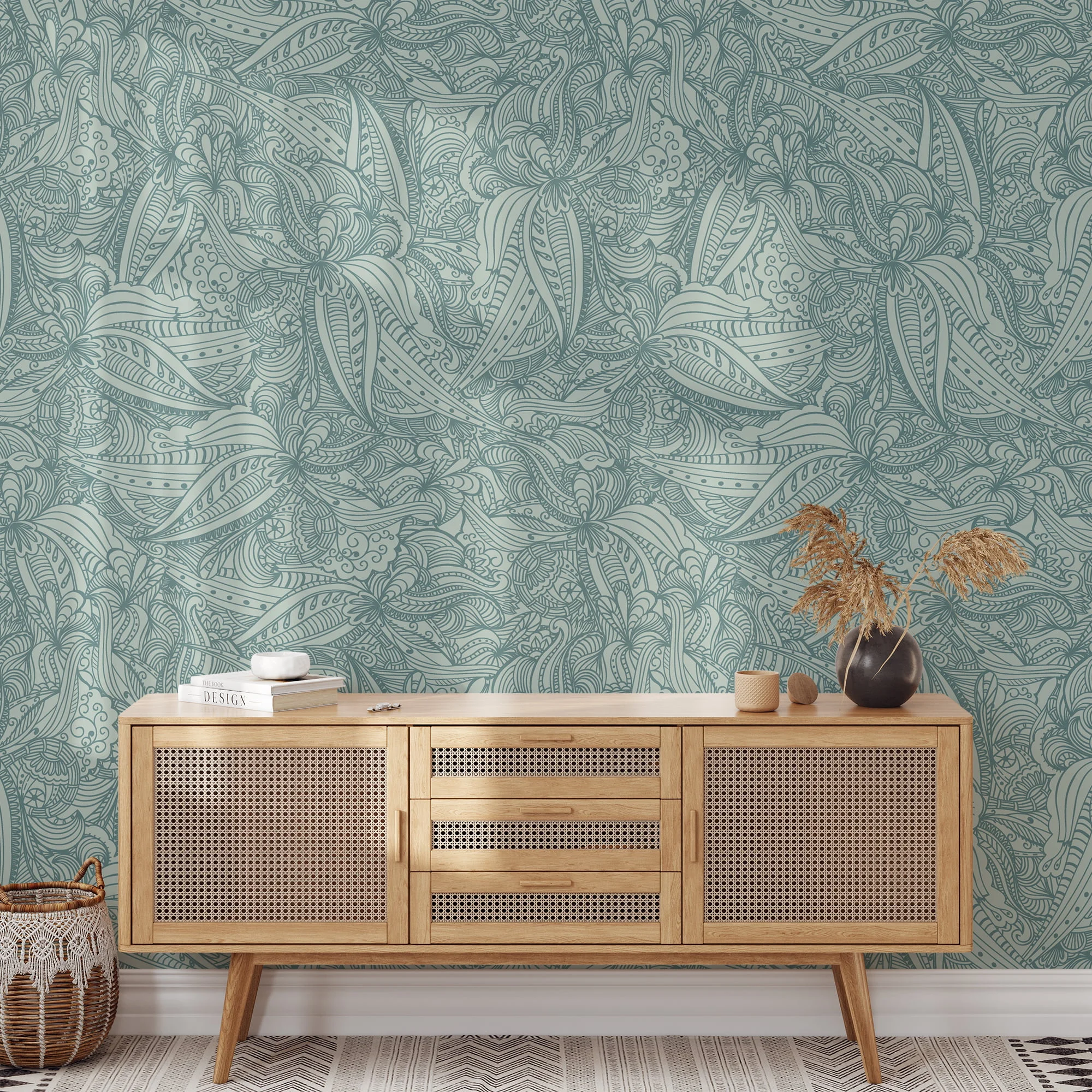 Damask Line Art Wallpaper With Mint Background Wallpaper, Elegant Pastel Peel & Stick Wall Mural