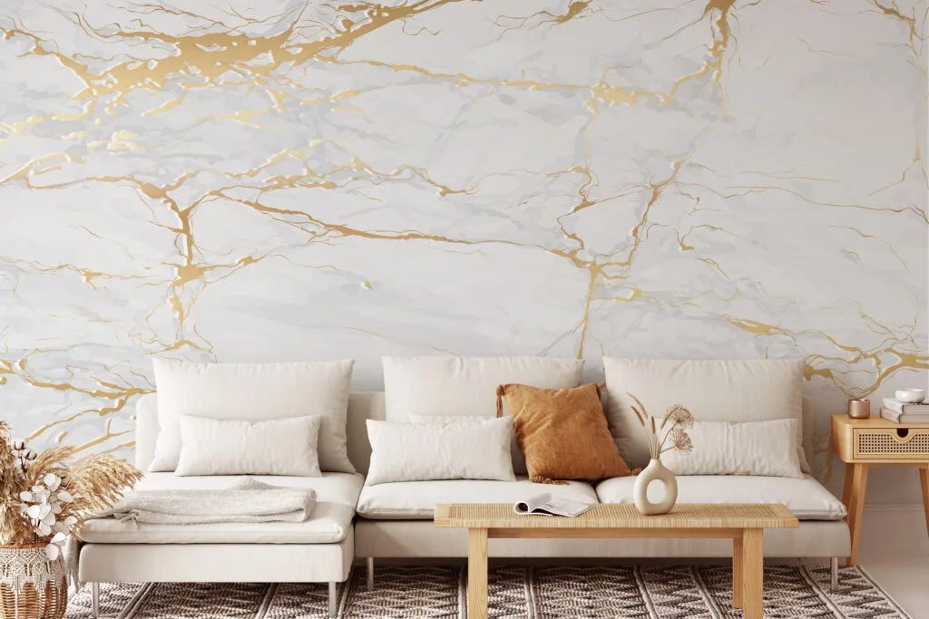 Gold And White Marble Wallpaper, Luxurious Faux Marble Illustration Peel & Stick Wall Mural