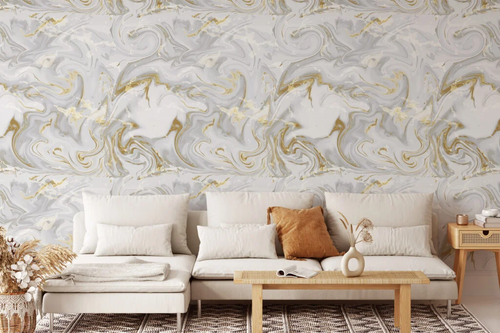 Swirly Abstract Marble Illustration Wallpaper, Classic White and Gold Peel & Stick Wall Mural