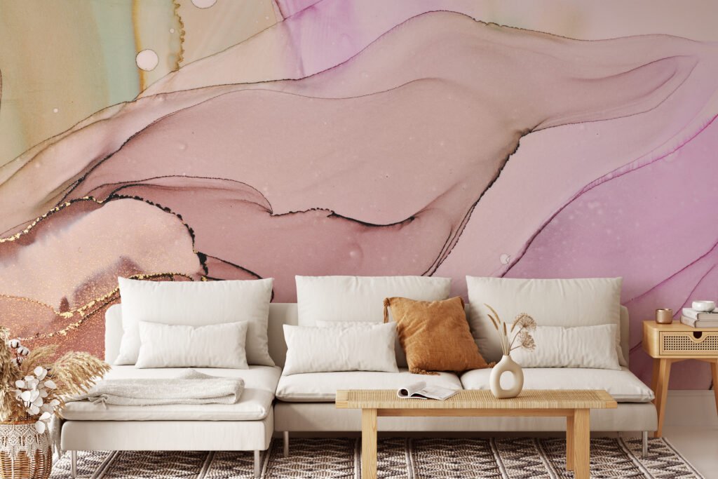 Colorful Summer Alcohol Ink Art Marble Wallpaper, Blushing Pink Marble Peel & Stick Wall Mural