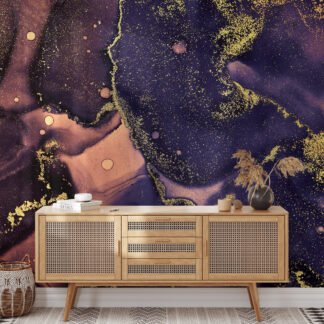 Dark Purple And Gold Alcohol Ink Art Marble Wallpaper, Cosmic Purple Marble Peel & Stick Wall Mural