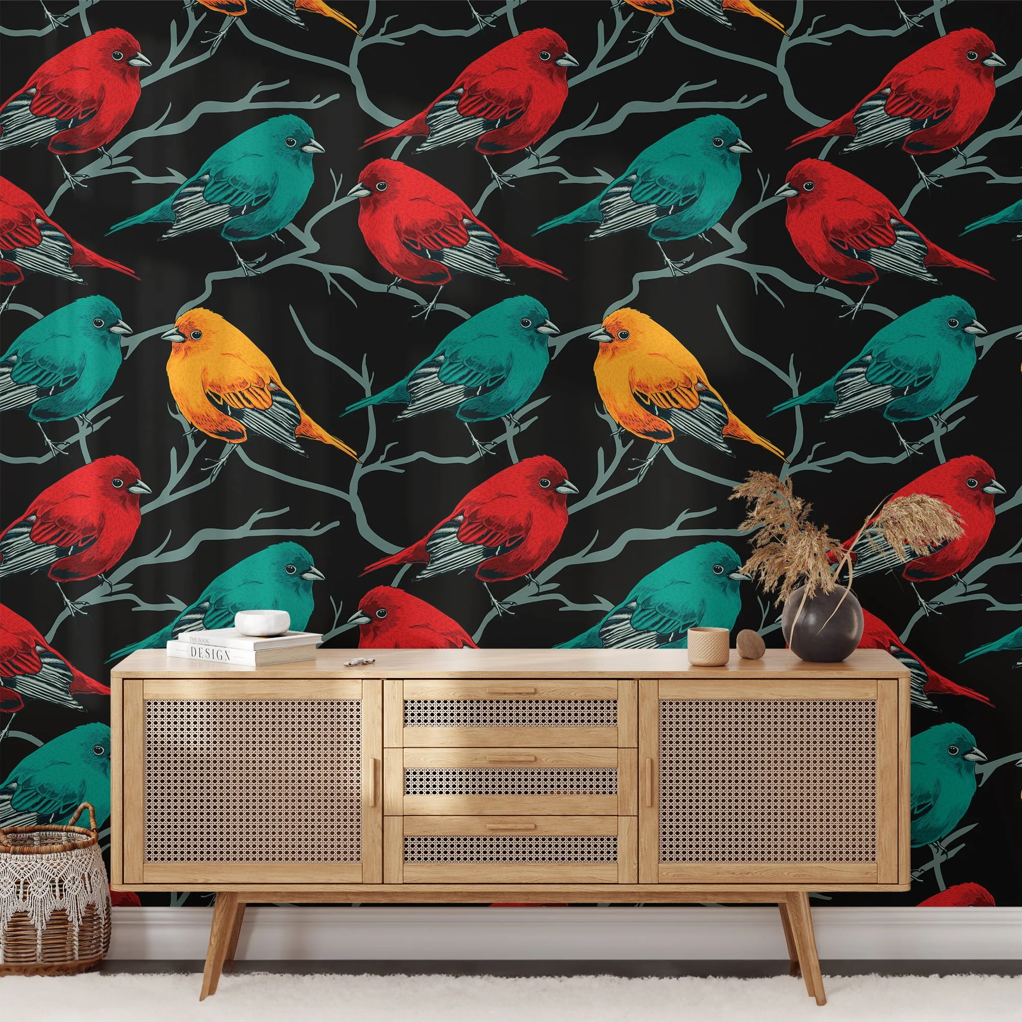 Retro Birds Pattern Wallpaper, Songbirds On Black Background Peel & Stick Wall Mural
