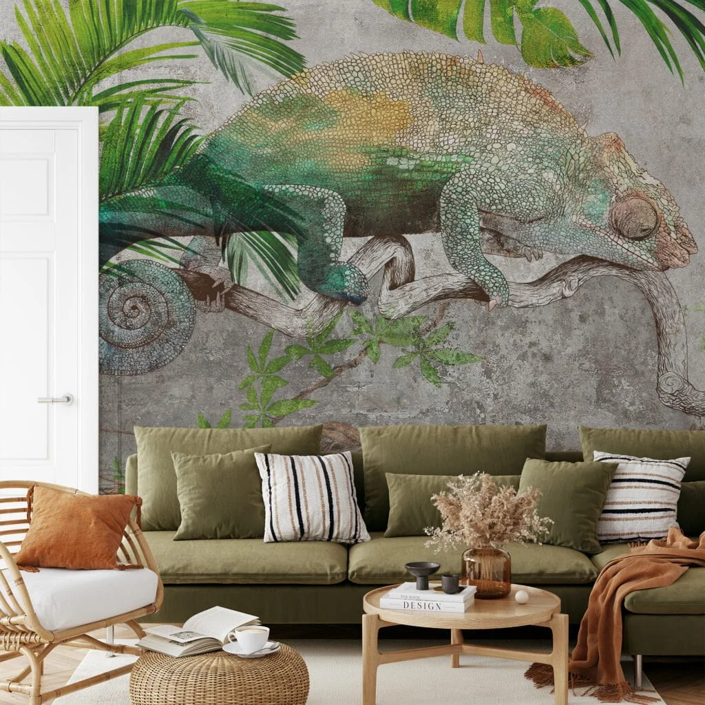 Chameleon On A Stone Foliage Illustration Wallpaper, Nature-Inspired Decor Peel & Stick Wall Mural