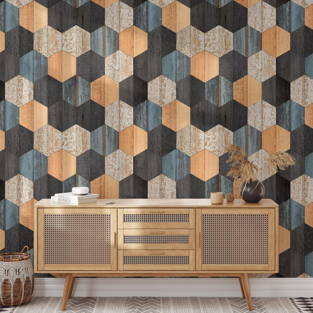 Geometric Hexagon Shaped Wooden Wall Wallpaper, Vintage Woodblock Peel & Stick Wall Mural