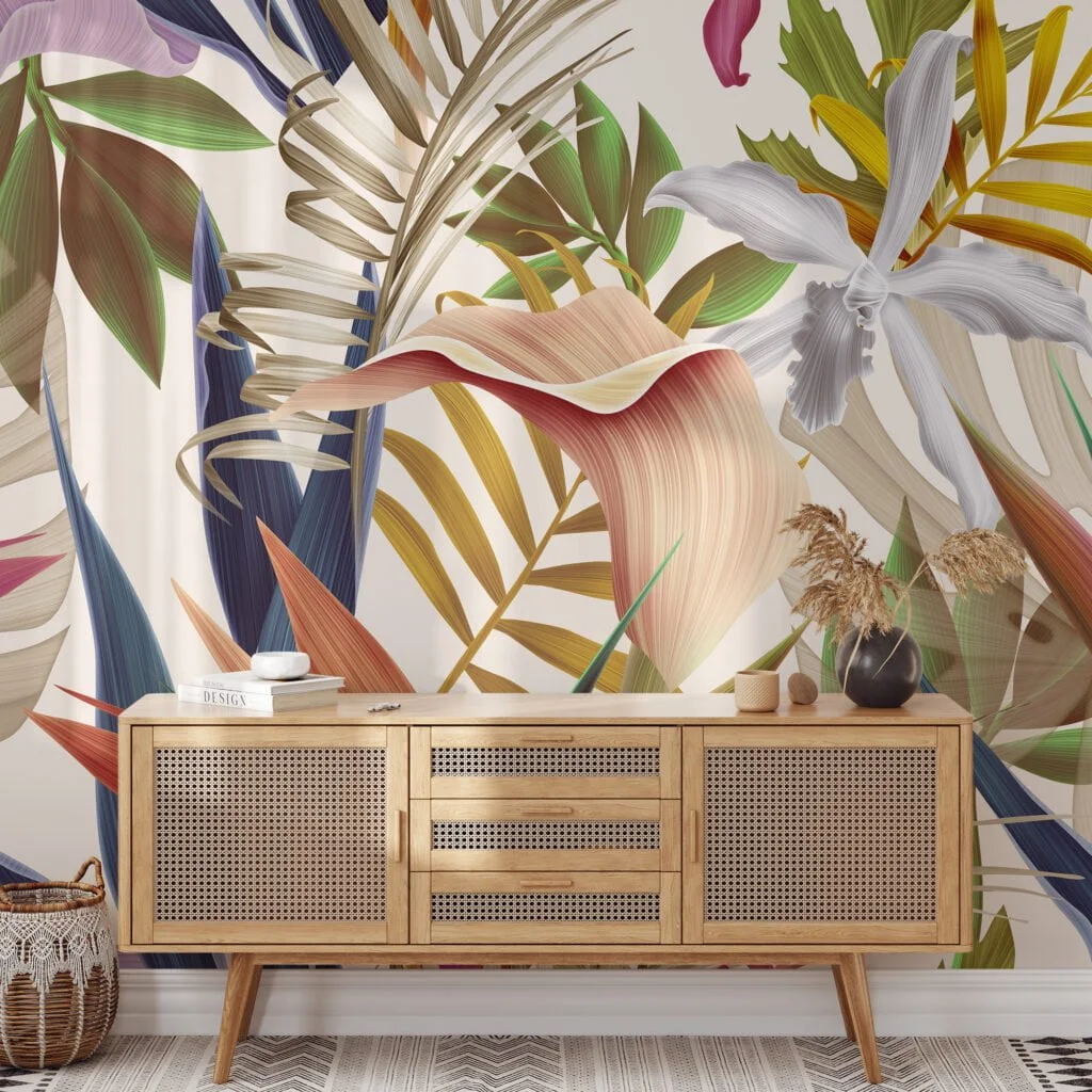 Colorful Tropical Flowers With Birds Of Paradise Wallpaper, Contemporary Nature Inspired Peel & Stick Wall Mural