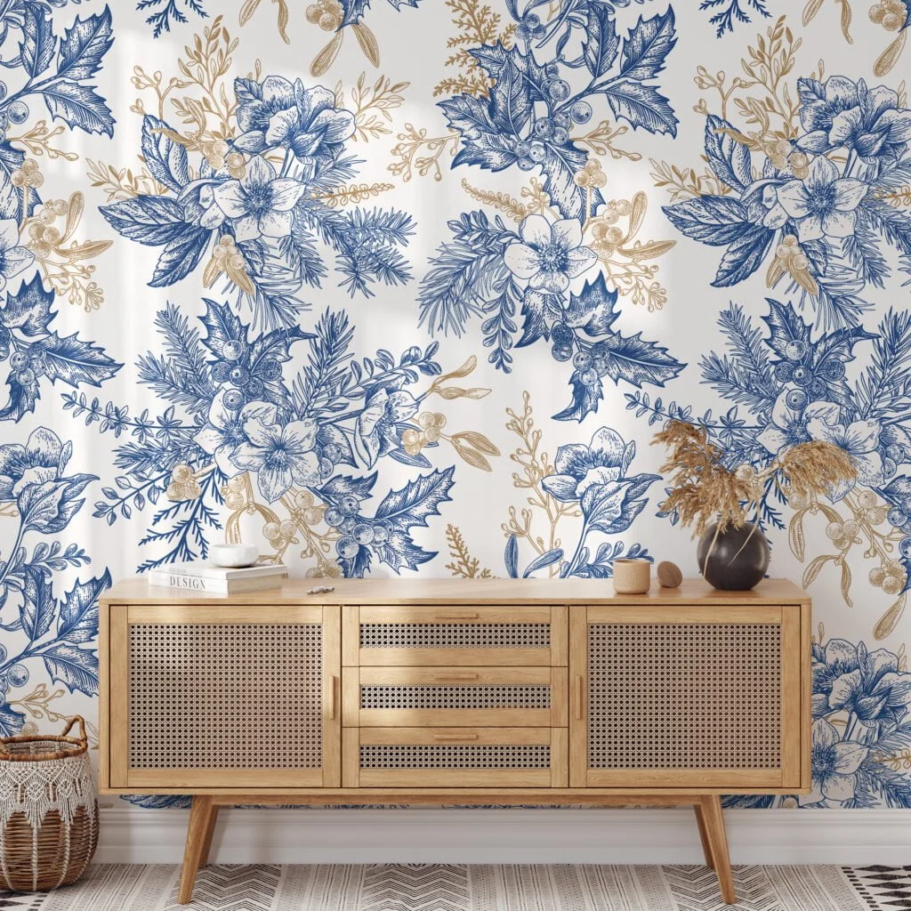 Vintage Blue And Beige Flowers And Berries Wallpaper, Art Deco Elegance Peel & Stick Wall Mural