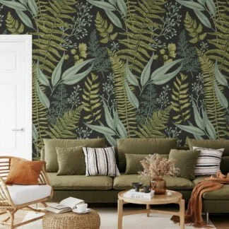 Vintage Style Plants And Leaves With A Dark Background Wallpaper, Nature Inspired Design Peel & Stick Wall Mural