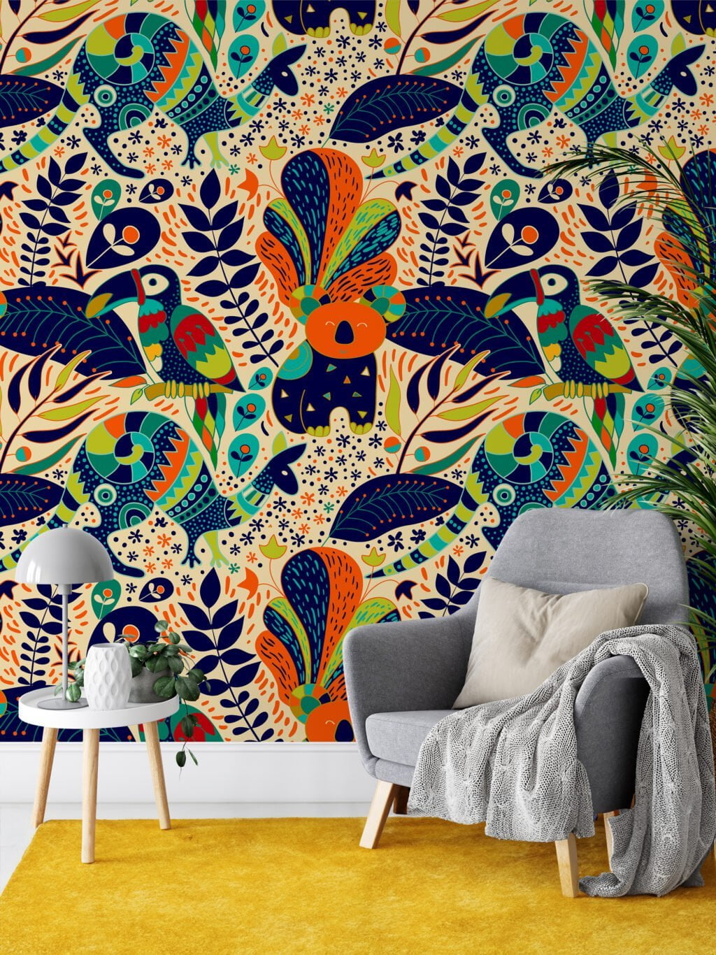 Colorful Folk Art Illustration With Toucans Kangaroos And Koalas Wallpaper, Abstract Jungle Animals Peel & Stick Wall Mural