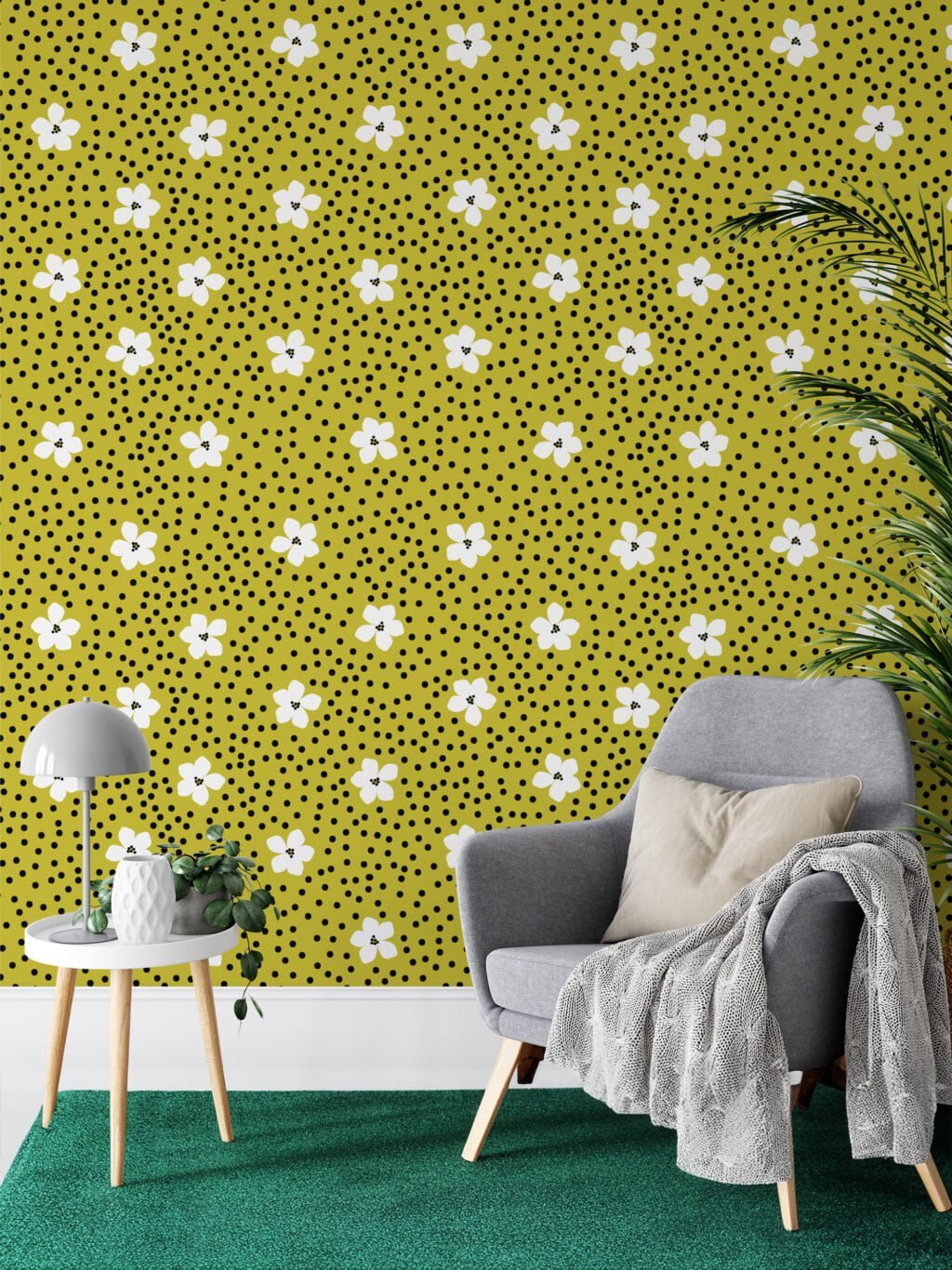 White Flowers With Dots Pattern Wallpaper, Vibrant Floral Design Peel & Stick Wall Mural