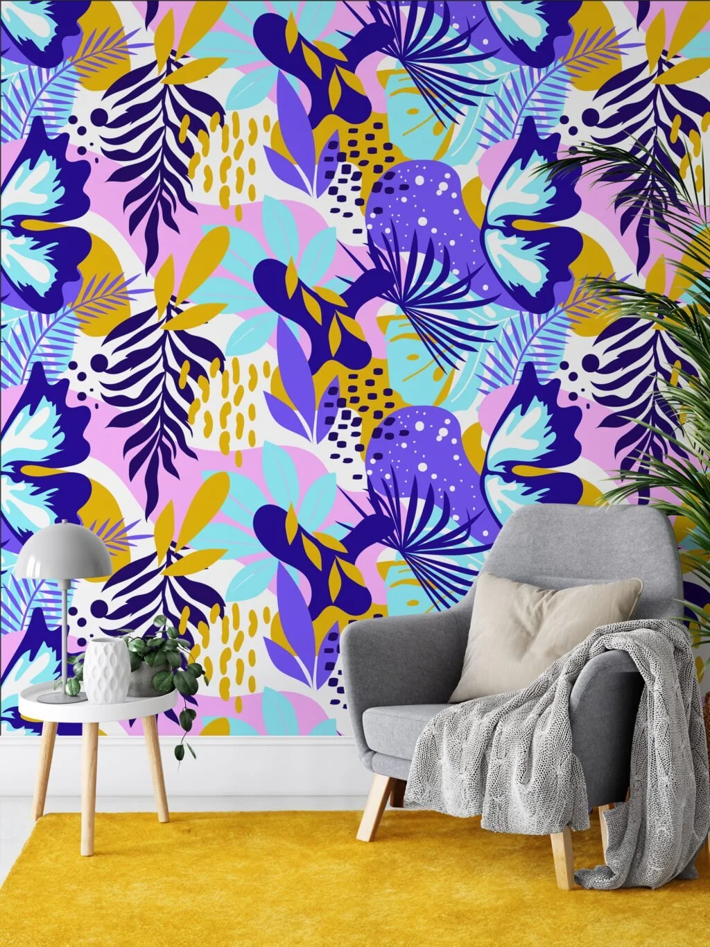 Large Colorful Abstract Leaves Illustration Wallpaper, Vibrant Tropical Peel & Stick Wall Mural