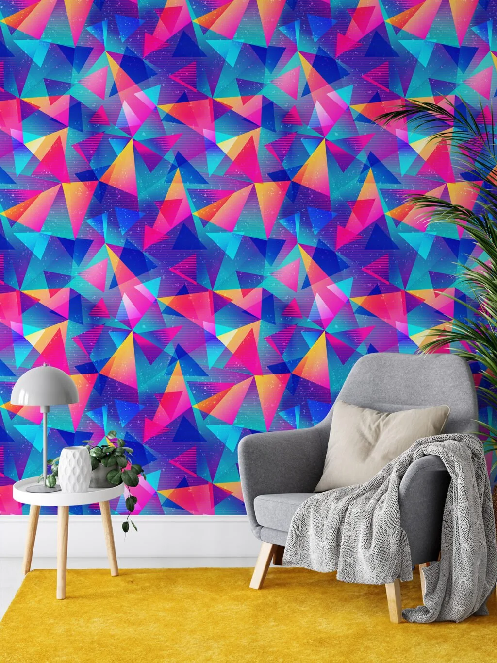 Retro Style Abstract Colorful Triangles Illustration Wallpaper, Electric Retro Peel & Stick Wall Mural